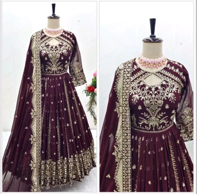 Designer Teal Blue Color Heavy Work Anarkali Gown - Tawny Port, XL