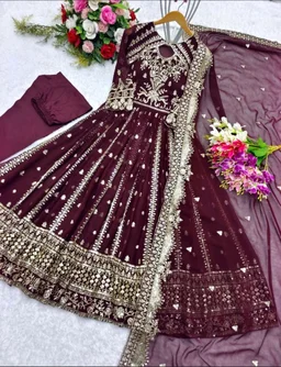Designer Teal Blue Color Heavy Work Anarkali Gown - Tawny Port, XL