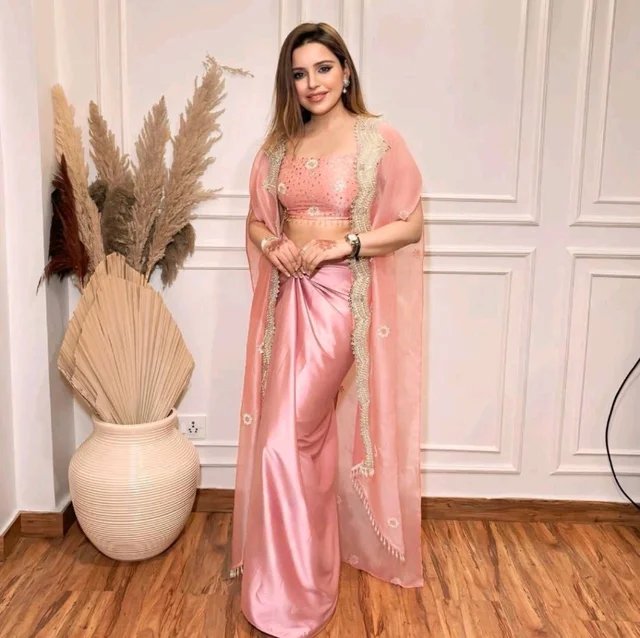 Mauve Nude Cocktail Saree - Ready to Wear - Sweet Pink, Free Size