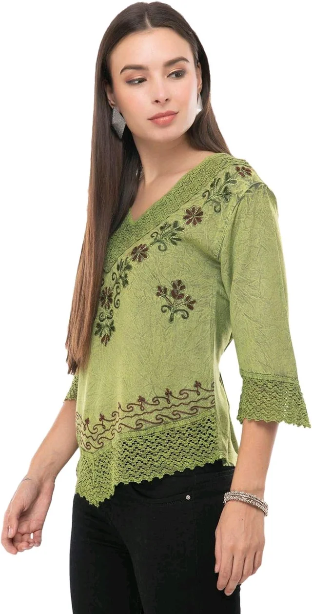 Women's Rayon Green Embroidery - Green Smoke, M