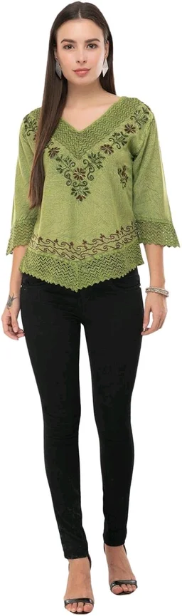 Women's Rayon Green Embroidery - Green Smoke, XS