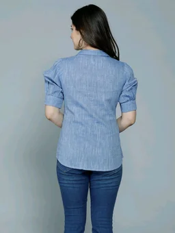 Casual Puff Sleeves Self Design Women Blue Top - Polo Blue, M