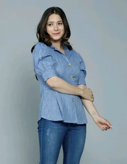 Casual Puff Sleeves Self Design Women Blue Top - Polo Blue, S