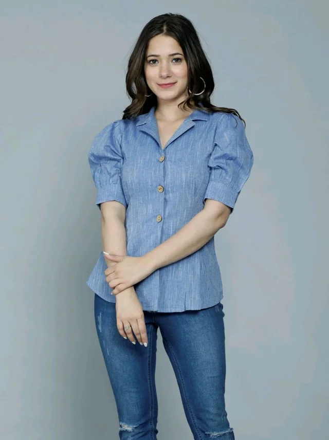 Casual Puff Sleeves Self Design Women Blue Top - Polo Blue, XL
