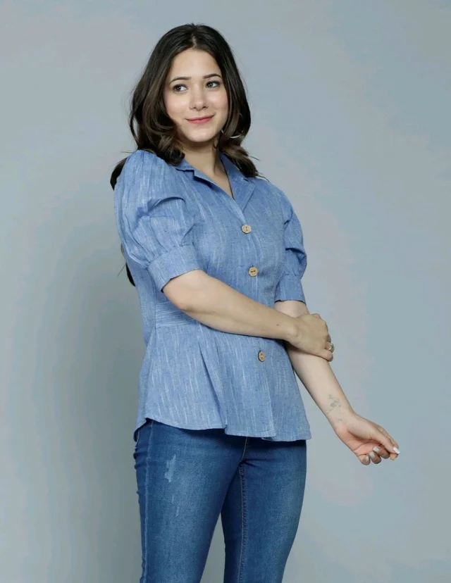 Casual Puff Sleeves Self Design Women Blue Top - Polo Blue, XL