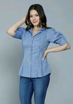 Casual Puff Sleeves Self Design Women Blue Top - Polo Blue, XL