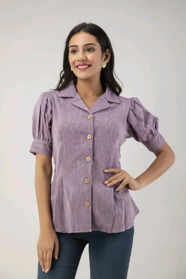 Casual Puff Sleeves Self Design Women Blue Top - Shady Lady, M