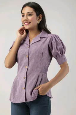 Casual Puff Sleeves Self Design Women Blue Top - Shady Lady, M