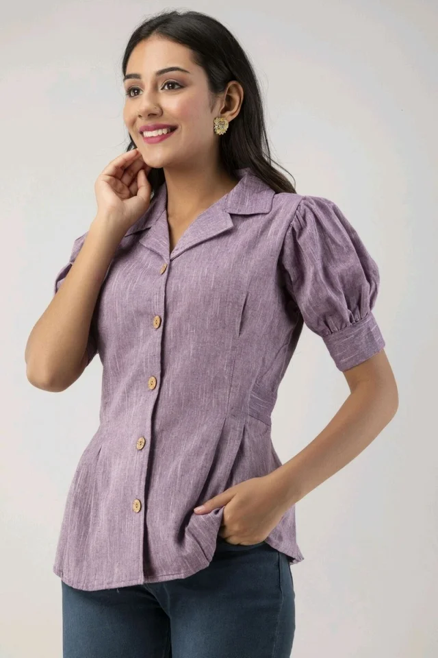 Casual Puff Sleeves Self Design Women Blue Top - Shady Lady, M