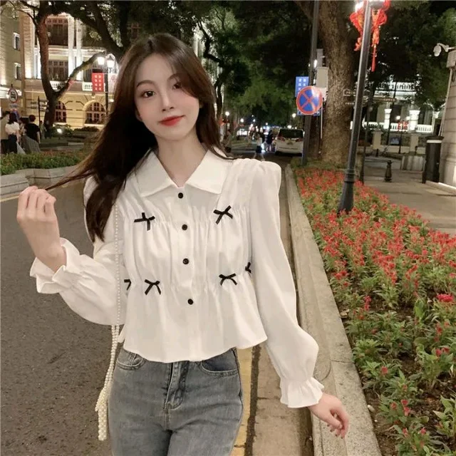 Bow Long Sleeve Shirt Women's Design Sense Niche Top New Spring and Autumn Loose Short Shirt Women - White, L