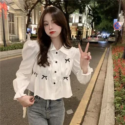 Bow Long Sleeve Shirt Women's Design Sense Niche Top New Spring and Autumn Loose Short Shirt Women - White, L