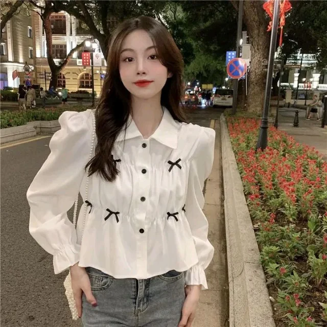 Bow Long Sleeve Shirt Women's Design Sense Niche Top New Spring and Autumn Loose Short Shirt Women - White, M