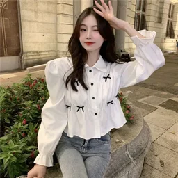 Bow Long Sleeve Shirt Women's Design Sense Niche Top New Spring and Autumn Loose Short Shirt Women - White, M