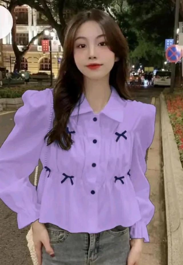 Bow Long Sleeve Shirt Women's Design Sense Niche Top New Spring and Autumn Loose Short Shirt Women - Lavender Purple, M