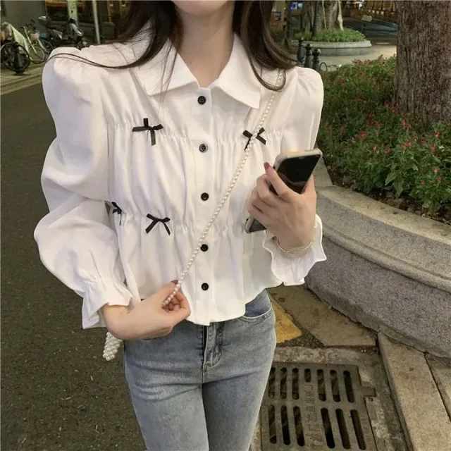 Bow Long Sleeve Shirt Women's Design Sense Niche Top New Spring and Autumn Loose Short Shirt Women - White, S