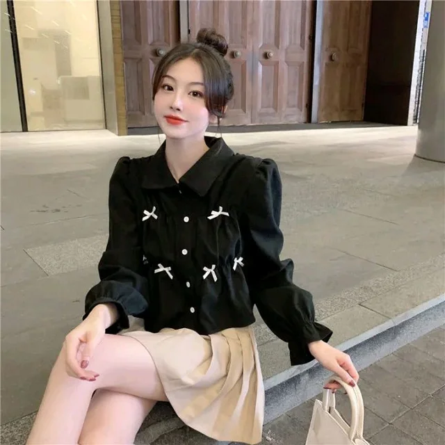 Bow Long Sleeve Shirt Women's Design Sense Niche Top New Spring and Autumn Loose Short Shirt Women - Black, M