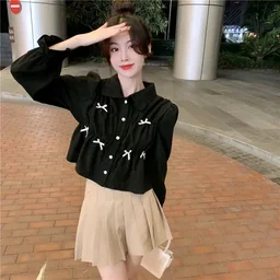 Bow Long Sleeve Shirt Women's Design Sense Niche Top New Spring and Autumn Loose Short Shirt Women - Black, M