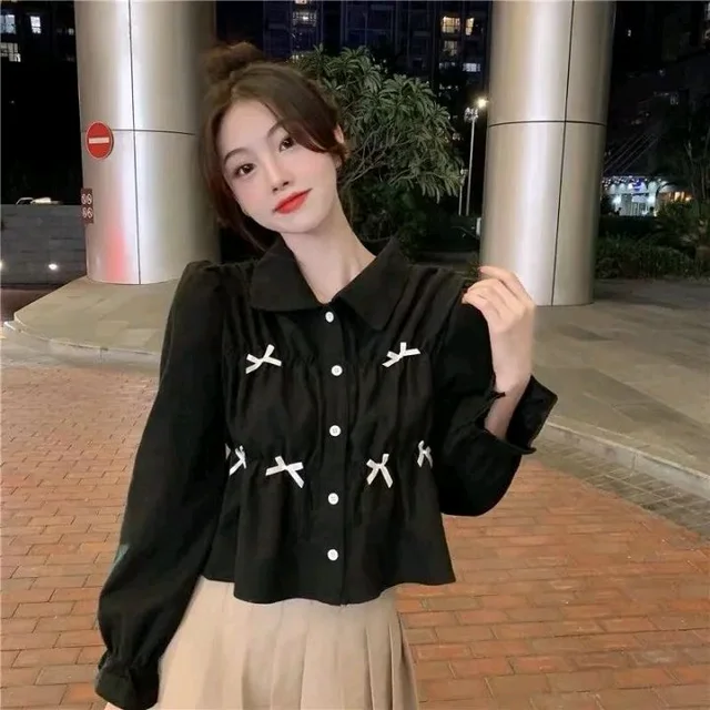 Bow Long Sleeve Shirt Women's Design Sense Niche Top New Spring and Autumn Loose Short Shirt Women - Black, M