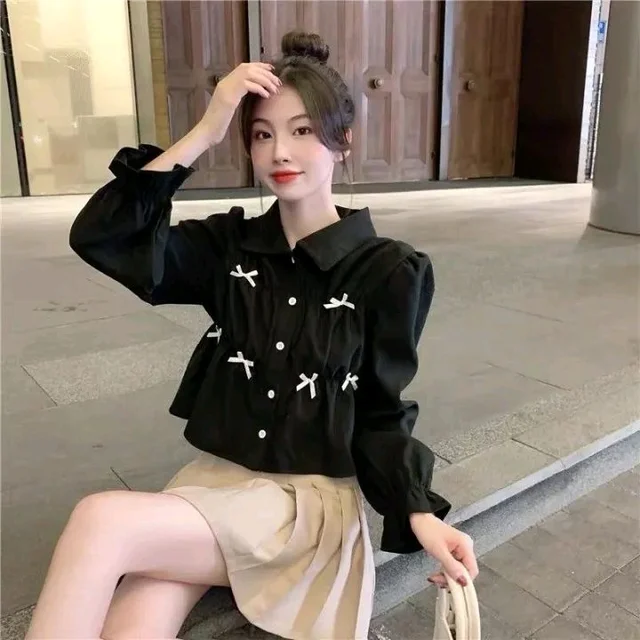 Bow Long Sleeve Shirt Women's Design Sense Niche Top New Spring and Autumn Loose Short Shirt Women - Black, M