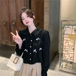 Bow Long Sleeve Shirt Women's Design Sense Niche Top New Spring and Autumn Loose Short Shirt Women - Black, S