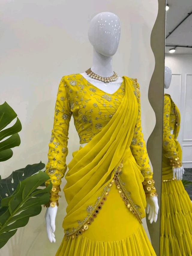 GEORGETTE READY WEAR LEHENGA SAREE - Yellow, Free Size