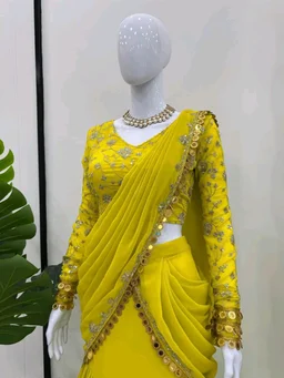 GEORGETTE READY WEAR LEHENGA SAREE - Yellow, Free Size