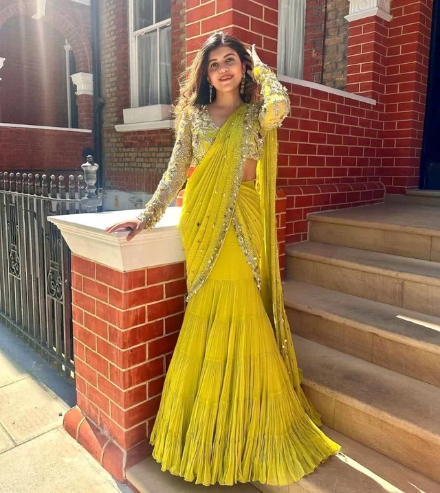GEORGETTE READY WEAR LEHENGA SAREE - Yellow, Free Size
