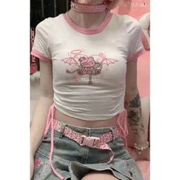 Kitty Cartoon Bat Wing Print Crop Tops For Women Y2k 2023 New Pink Soft Girl Short Tees Drawstring Slim T-shirt - Puce, L