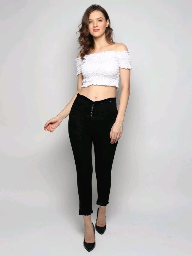 Women Skinny High Rise Black Jeans - Black, 28