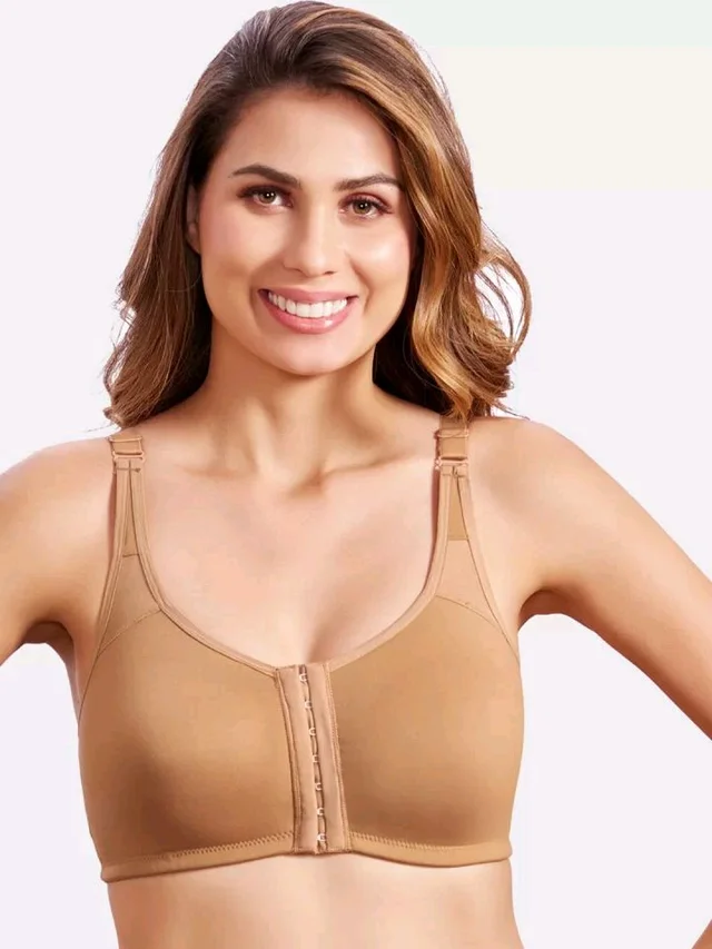 Women Cotton Brushed Lycra Full Coverage No Bounce, Non-Wired, Non-Padded Front Open Magic Bra with Back Support - Tumbleweed, 36B