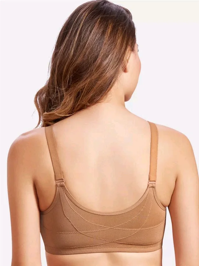 Women Cotton Brushed Lycra Full Coverage No Bounce, Non-Wired, Non-Padded Front Open Magic Bra with Back Support - Tumbleweed, 38B