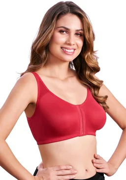 Women Cotton Brushed Lycra Full Coverage No Bounce, Non-Wired, Non-Padded Front Open Magic Bra with Back Support - Cardinal, 32B