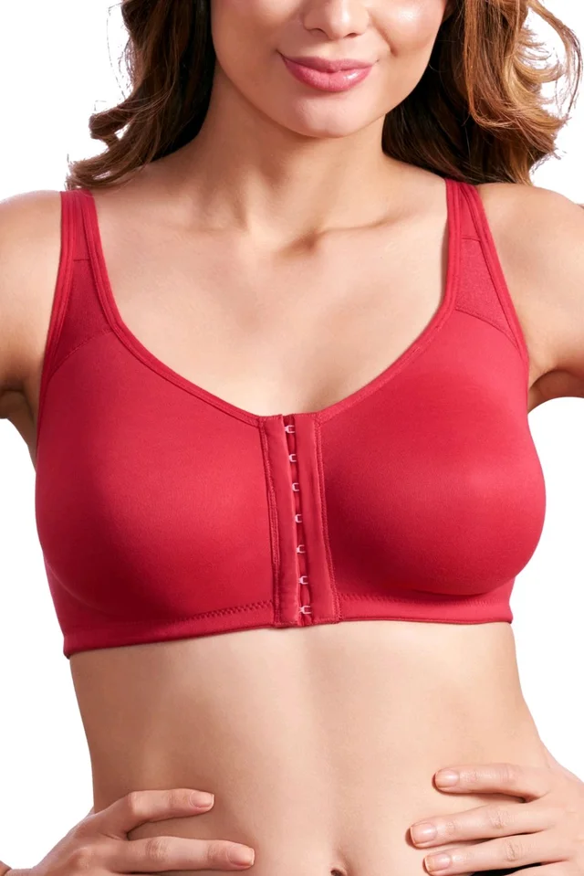 Women Cotton Brushed Lycra Full Coverage No Bounce, Non-Wired, Non-Padded Front Open Magic Bra with Back Support - Cardinal, 32B