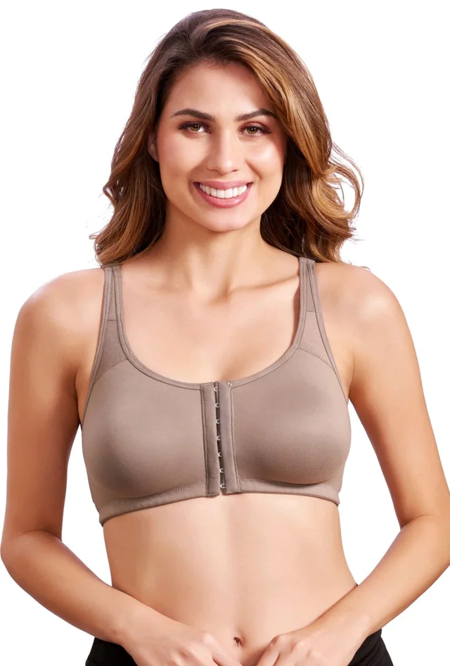 Women Cotton Brushed Lycra Full Coverage No Bounce, Non-Wired, Non-Padded Front Open Magic Bra with Back Support - Quicksand, 34B
