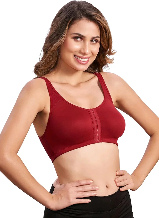 Women Cotton Brushed Lycra Full Coverage No Bounce, Non-Wired, Non-Padded Front Open Magic Bra with Back Support - Merlot, 32B