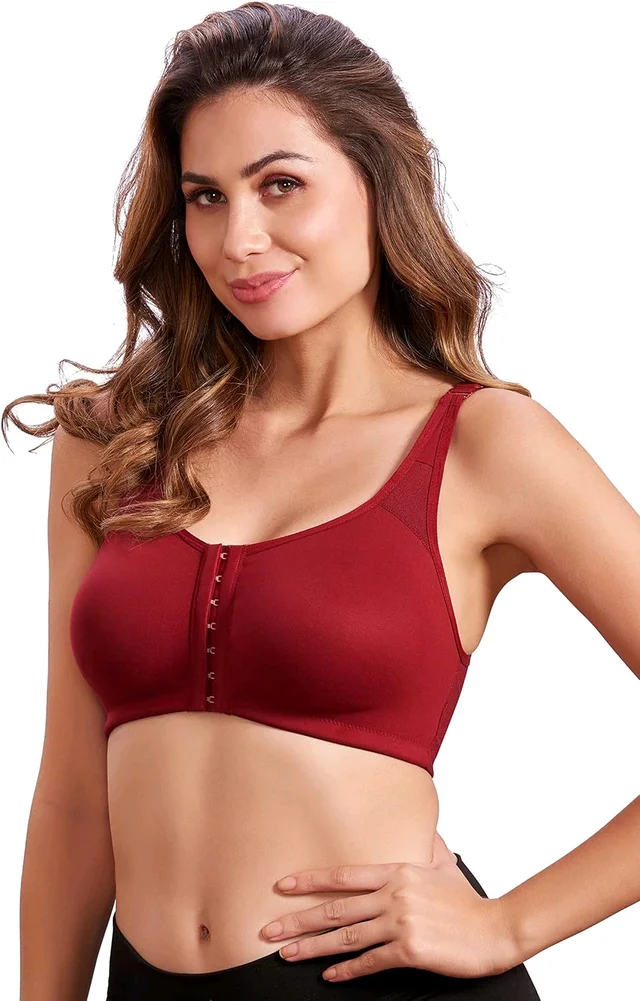 Women Cotton Brushed Lycra Full Coverage No Bounce, Non-Wired, Non-Padded Front Open Magic Bra with Back Support - Merlot, 36B