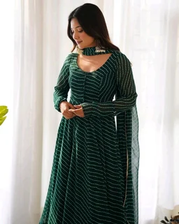Women's Lehariya Print Georgette Anarkali Fit Long Sleeves Lightweight Ethnic Wear Gown +Dupatta - L, Bush
