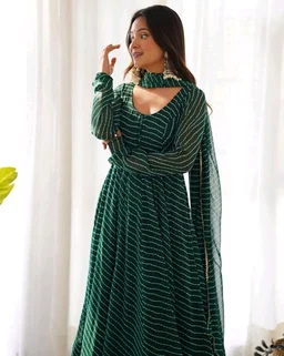 Women's Lehariya Print Georgette Anarkali Fit Long Sleeves Lightweight Ethnic Wear Gown +Dupatta - XXL, Bush