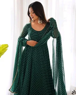 Women's Lehariya Print Georgette Anarkali Fit Long Sleeves Lightweight Ethnic Wear Gown +Dupatta - XXL, Bush