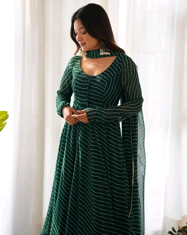 Women's Lehariya Print Georgette Anarkali Fit Long Sleeves Lightweight Ethnic Wear Gown +Dupatta - XXL, Bush