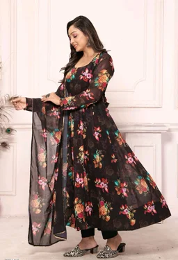 Presenting New Pure Soft Heavy Faux Georgette Fabric Anarkali Pent Duppta Ready To Wear Collection* - L, Black