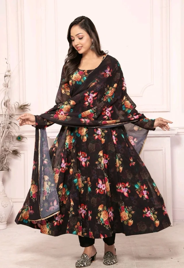 Presenting New Pure Soft Heavy Faux Georgette Fabric Anarkali Pent Duppta Ready To Wear Collection* - M, Black