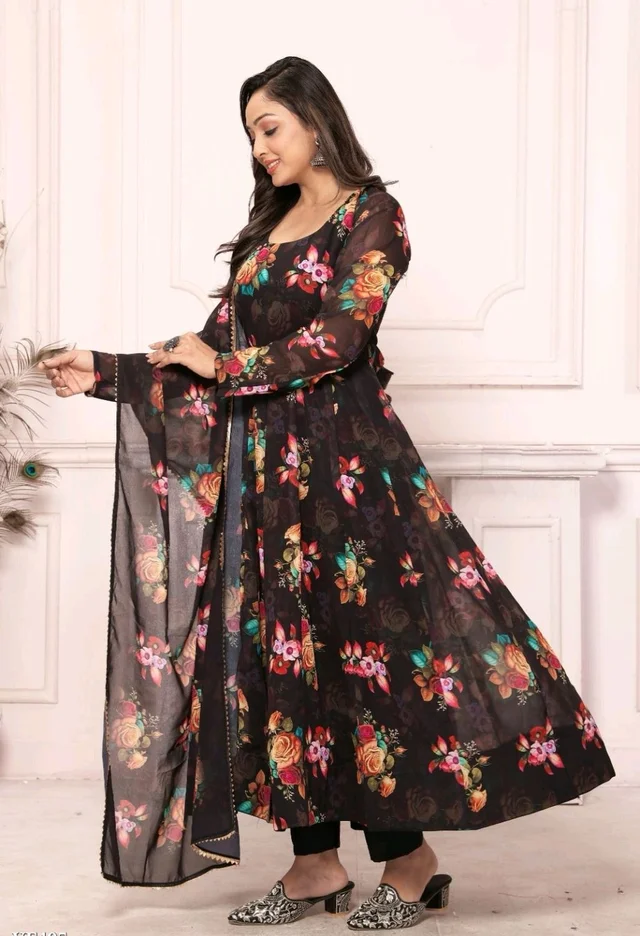 Presenting New Pure Soft Heavy Faux Georgette Fabric Anarkali Pent Duppta Ready To Wear Collection* - XL, Black
