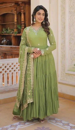 Women's Georgette Anarkali kurta set & Duptta For Women - Green Smoke, L