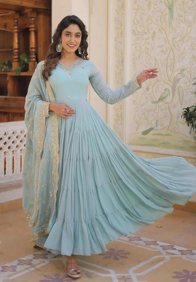 Women's Georgette Anarkali kurta set & Duptta For Women - Jungle Mist, L