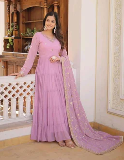 Women's Georgette Anarkali kurta set & Duptta For Women - Shocking, L
