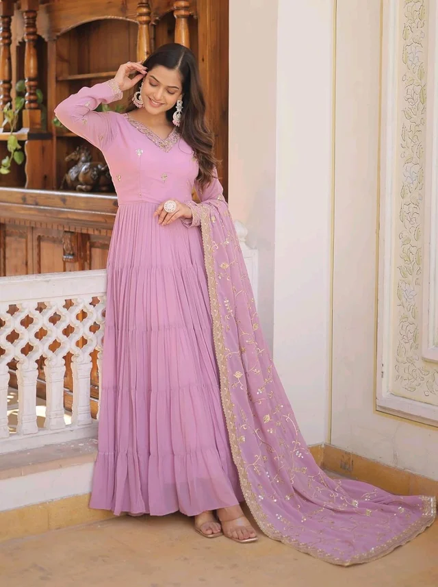 Women's Georgette Anarkali kurta set & Duptta For Women - Shocking, L