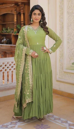 Women's Georgette Anarkali kurta set & Duptta For Women - Green Smoke, M