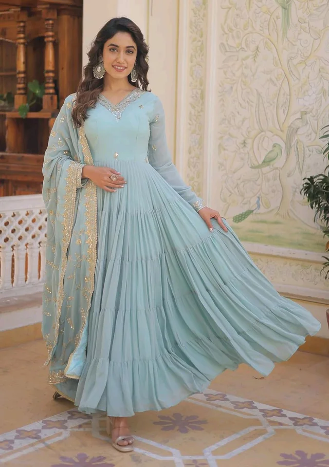 Women's Georgette Anarkali kurta set & Duptta For Women - Jungle Mist, M