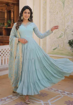 Women's Georgette Anarkali kurta set & Duptta For Women - Jungle Mist, M
